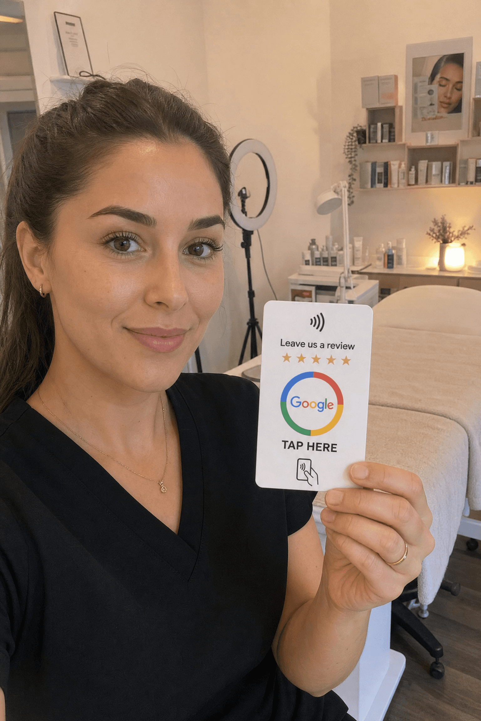 Salon owner holding a RevuBoost Google review card